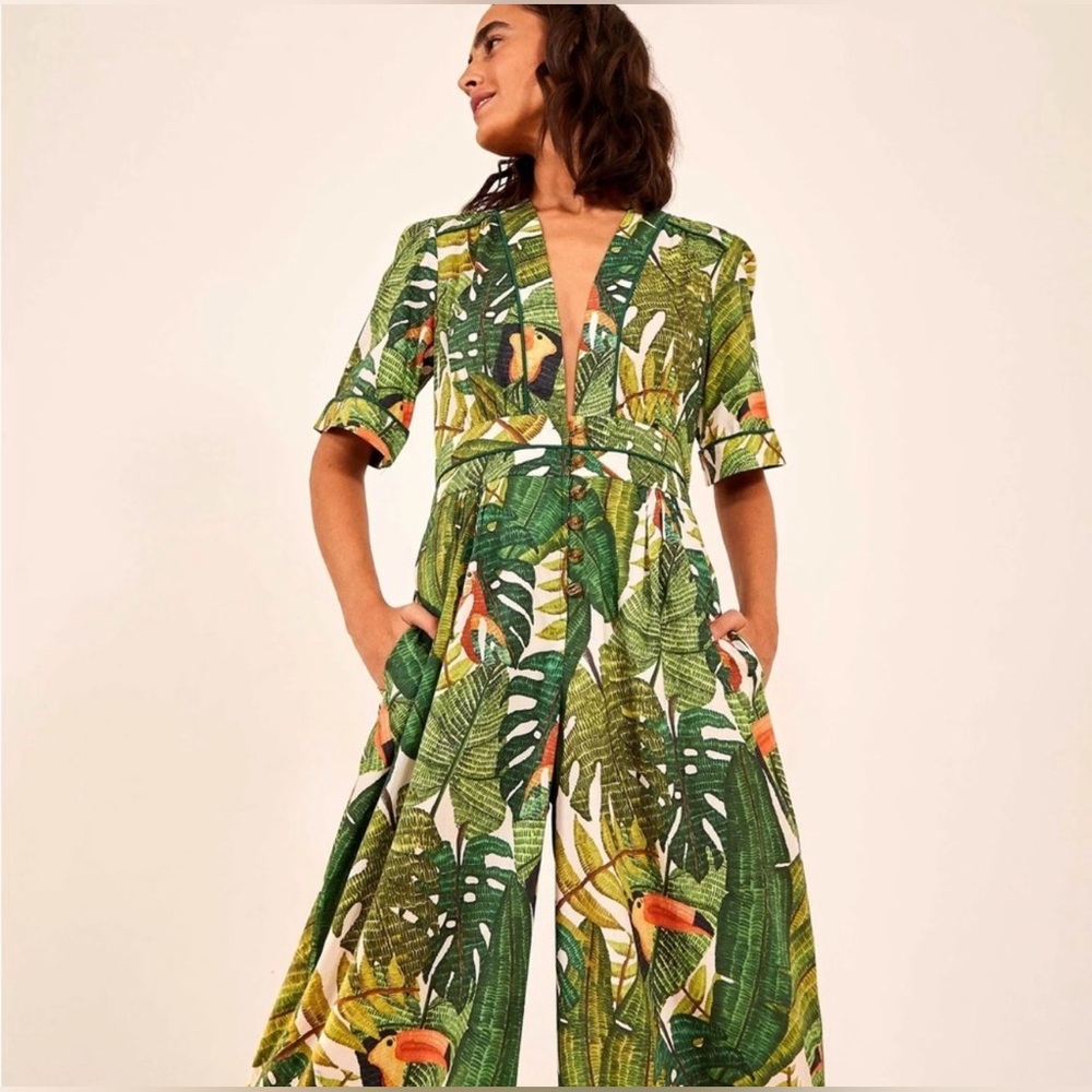 FARM Rio Leafy Green and Orange Jumpsuit- Paradise Forest Maxi Dress